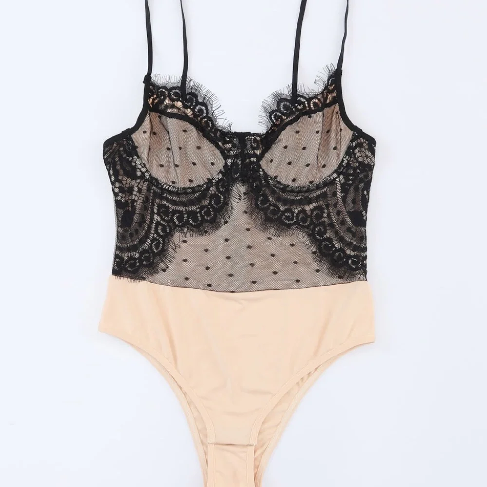 Black Eyelash Lace Trim Dotty Mesh Bodysuit - Picture 6 of 8